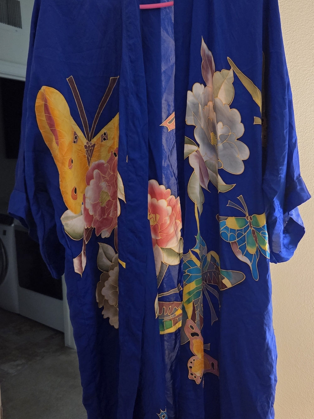 Vintage Itan 100% Pure Silk Kimono Robe Hand Painted Batik Blue Butterfly OSFM